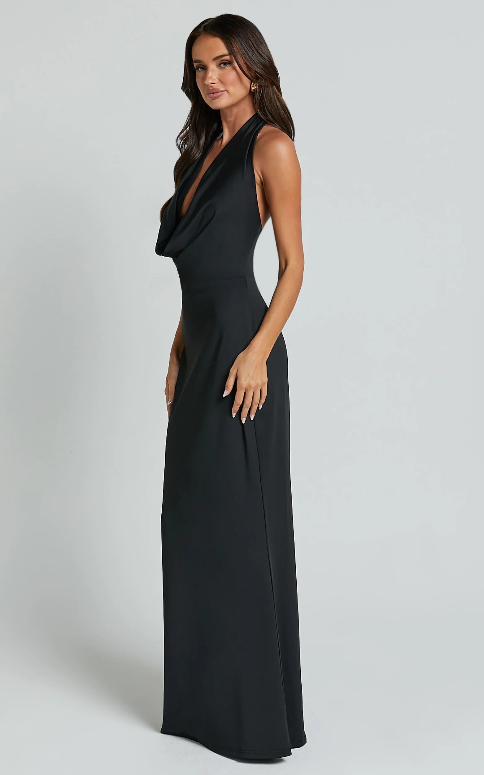 Sylvana Maxi Dress - Cowl Halter Neck Bodycon Dress in Black