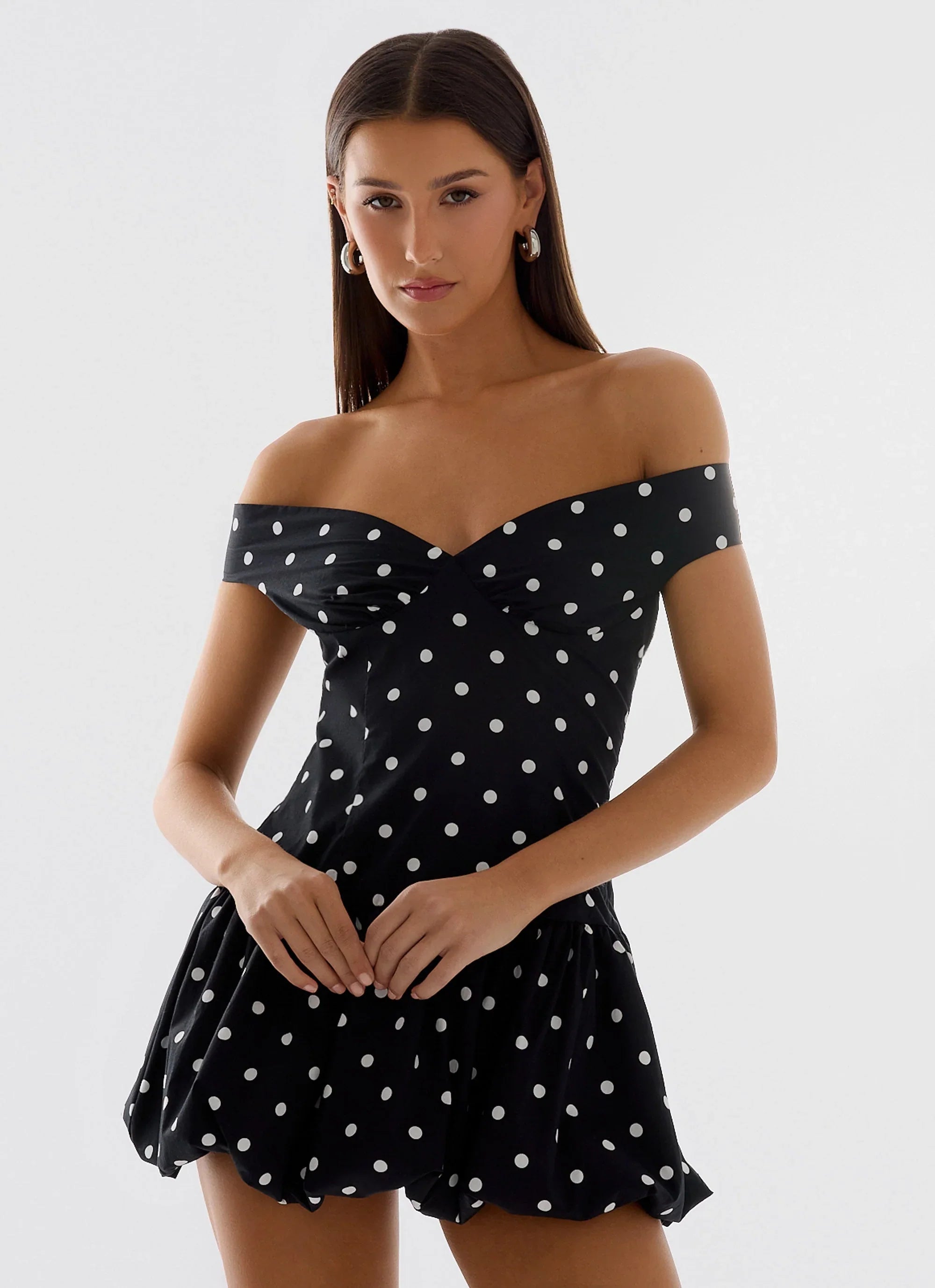 Endless Romance Off Shoulder Mini Dress - Black Polkadot