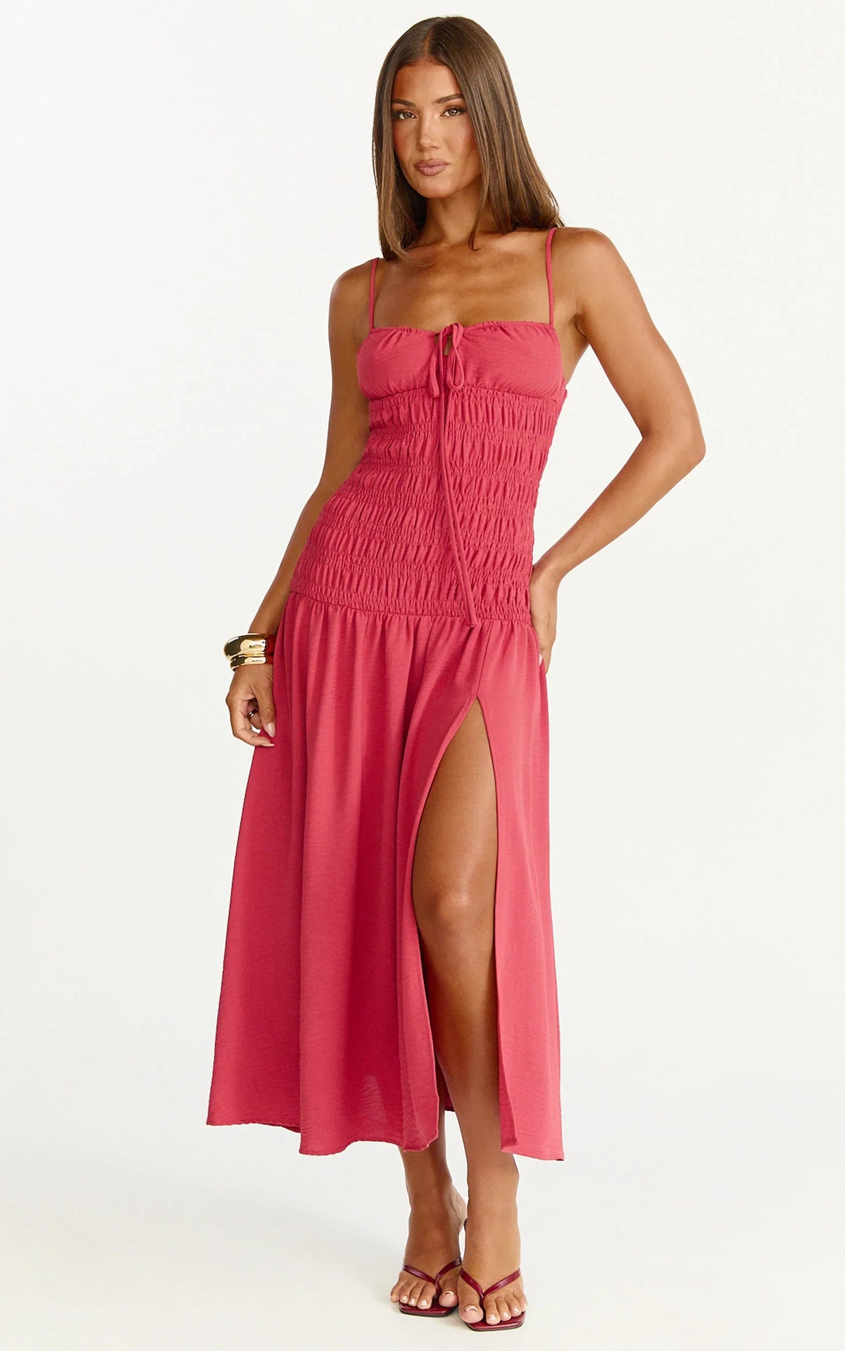Eloise Midi Dress - Shirred Bodice Split Leg A Line Dress in Rose