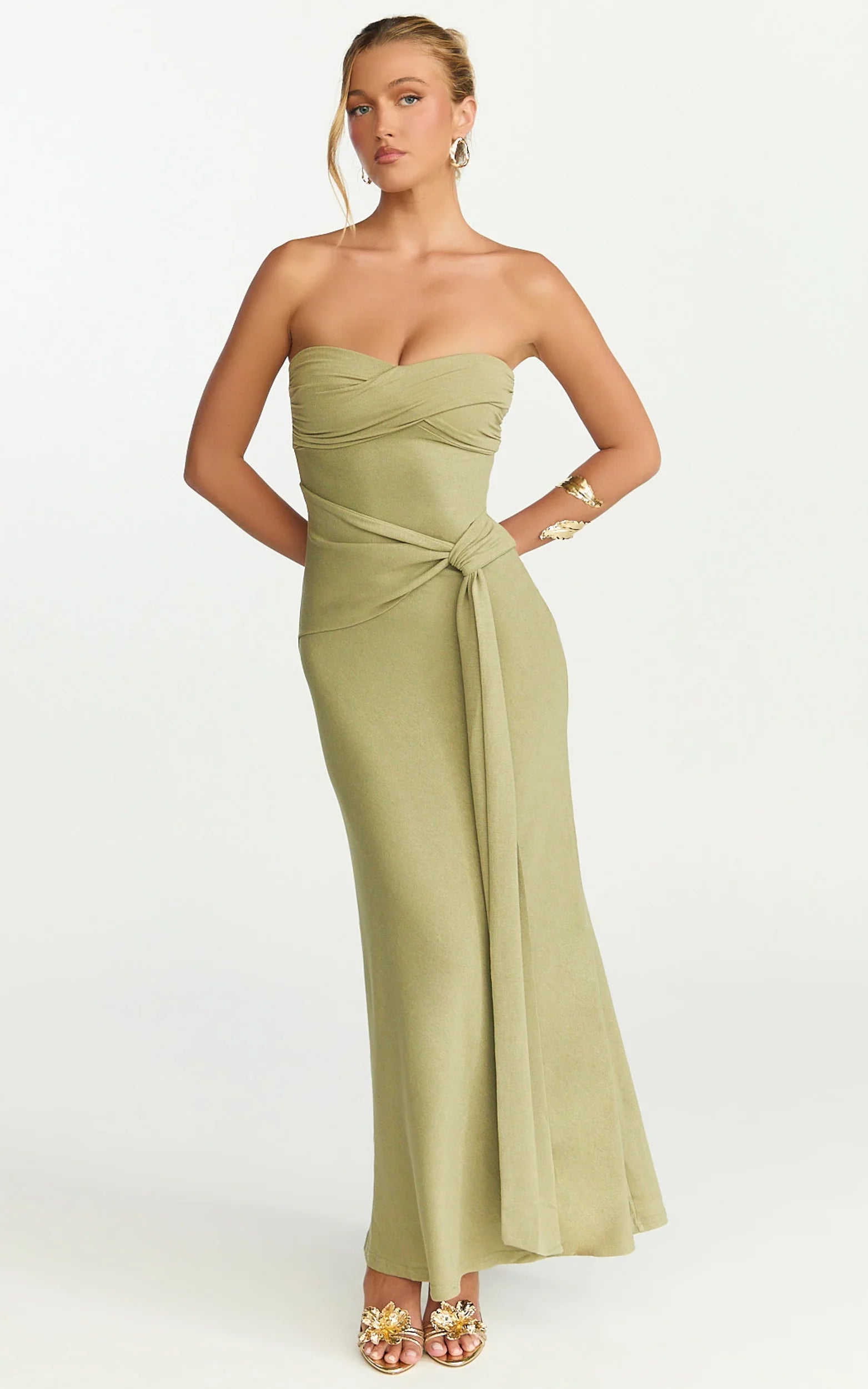 Aria Maxi Dress - Strapless Tie Waist Dress in Sage