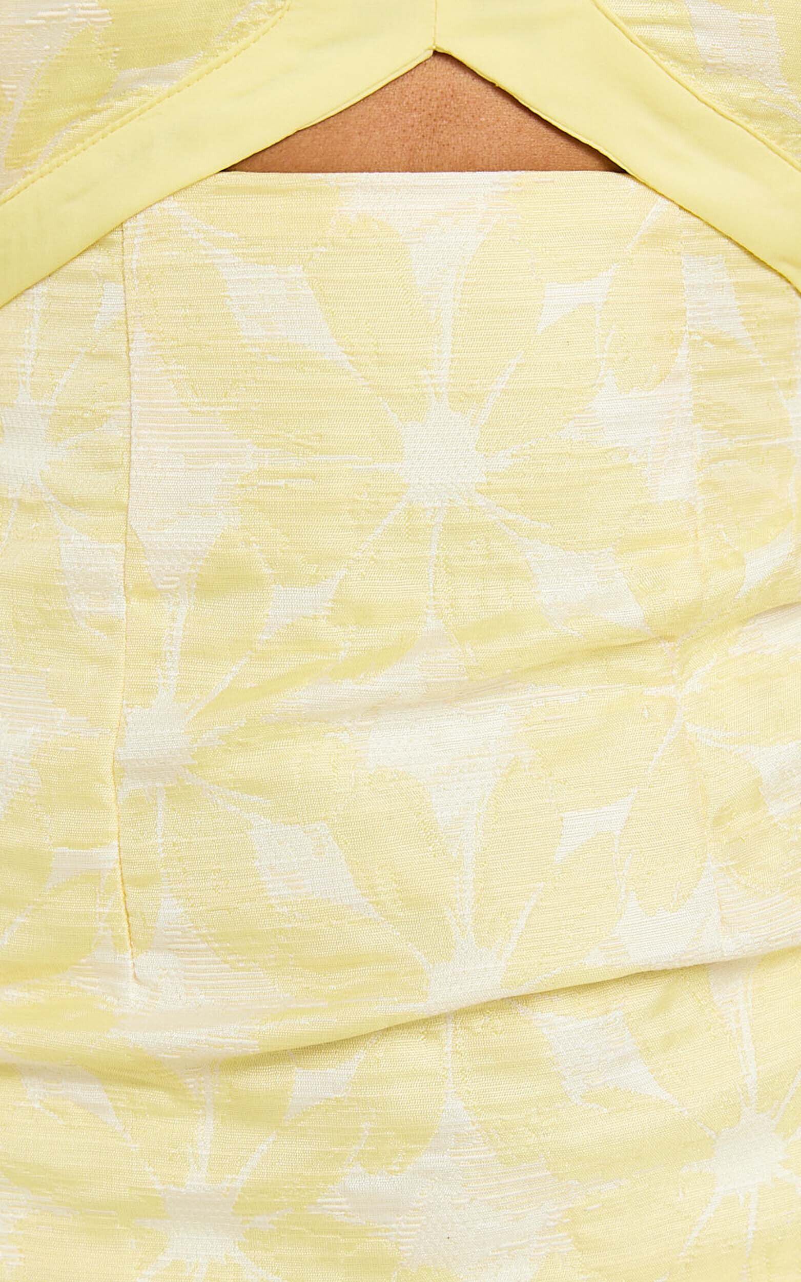 Diana Mini Dress - Jacquard Short Sleeve Cut Out Dress in Lemon
